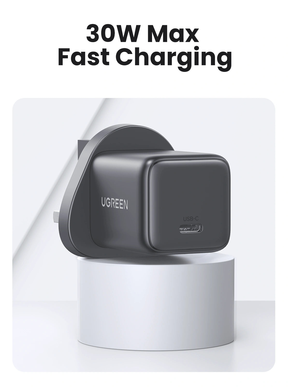 يوجرين شاحن GaN سريع أحادي المنفذ USB-C بقوة 30 واط قابس UK رمادي فضائي — X513-55532