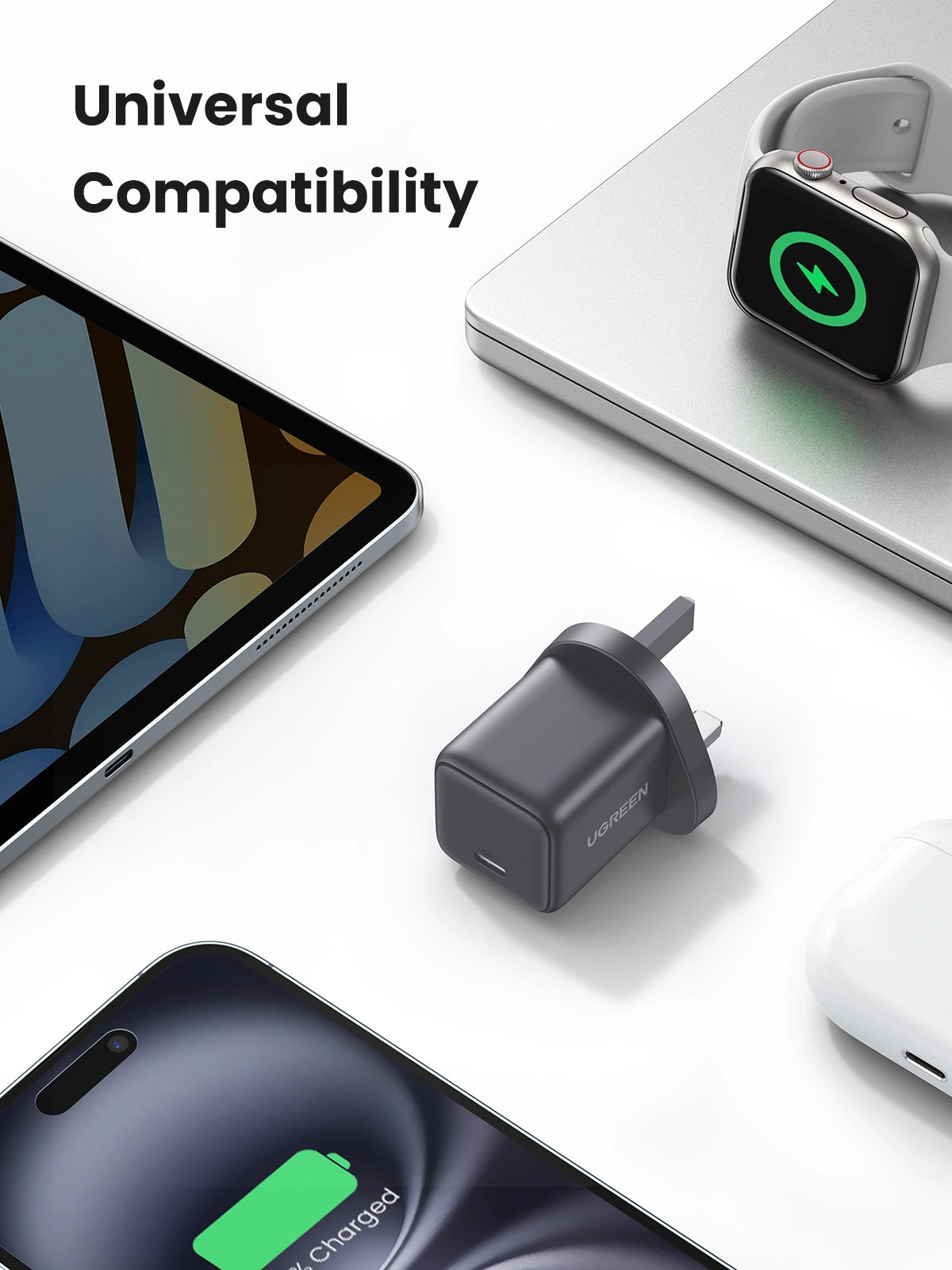 يوجرين شاحن GaN سريع أحادي المنفذ USB-C بقوة 30 واط قابس UK رمادي فضائي — X513-55532