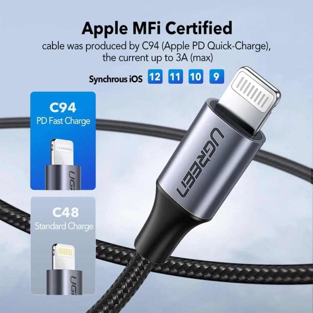 يوجرين كابل USB-C إلى Lightning ذكر/ذكر بقوة 20 واط هيكل ألومنيوم مضفر 1 متر فضي — US304-70523