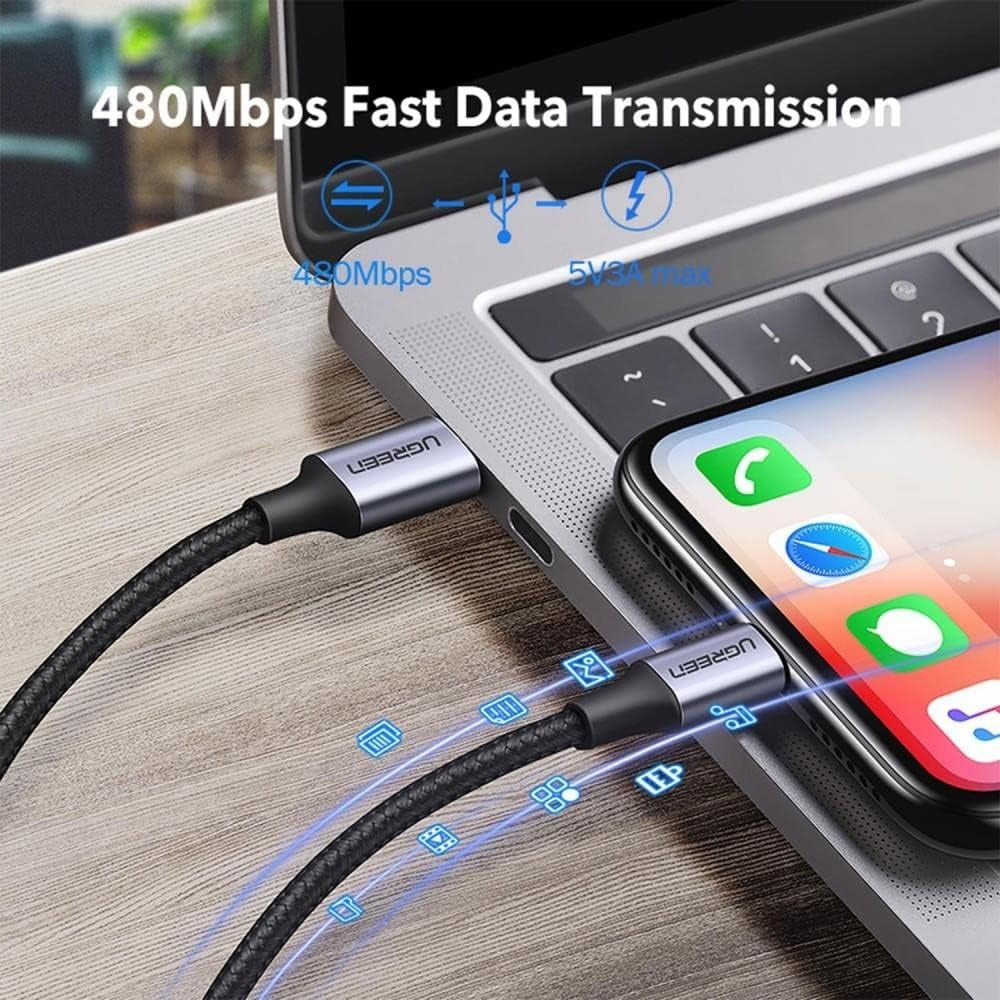 يوجرين كابل USB-C إلى Lightning ذكر/ذكر بقوة 20 واط هيكل ألومنيوم مضفر 1 متر فضي — US304-70523