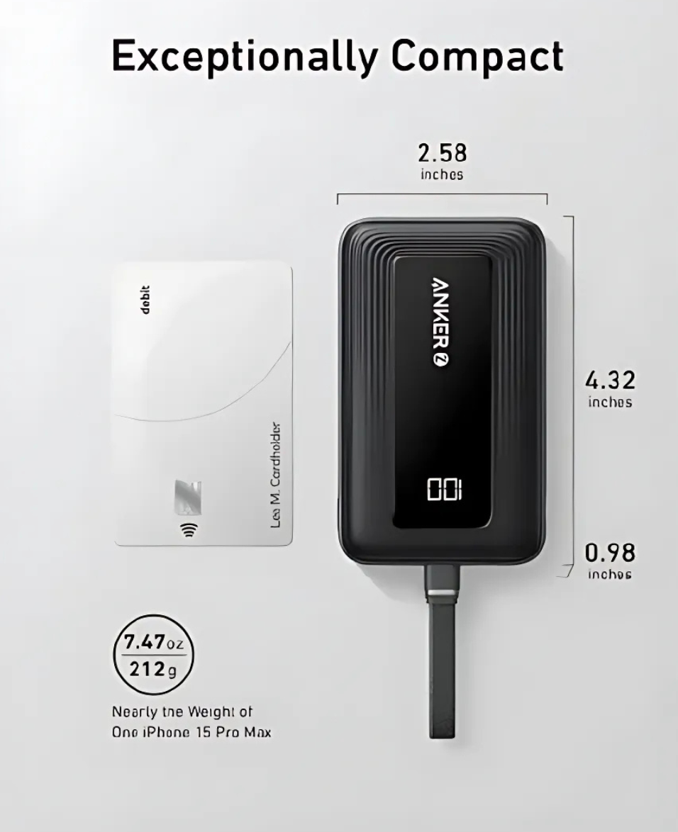 Anker Zolo Power Bank (20K, 30W, Built-In USB-C Cable) - Black A1689H11