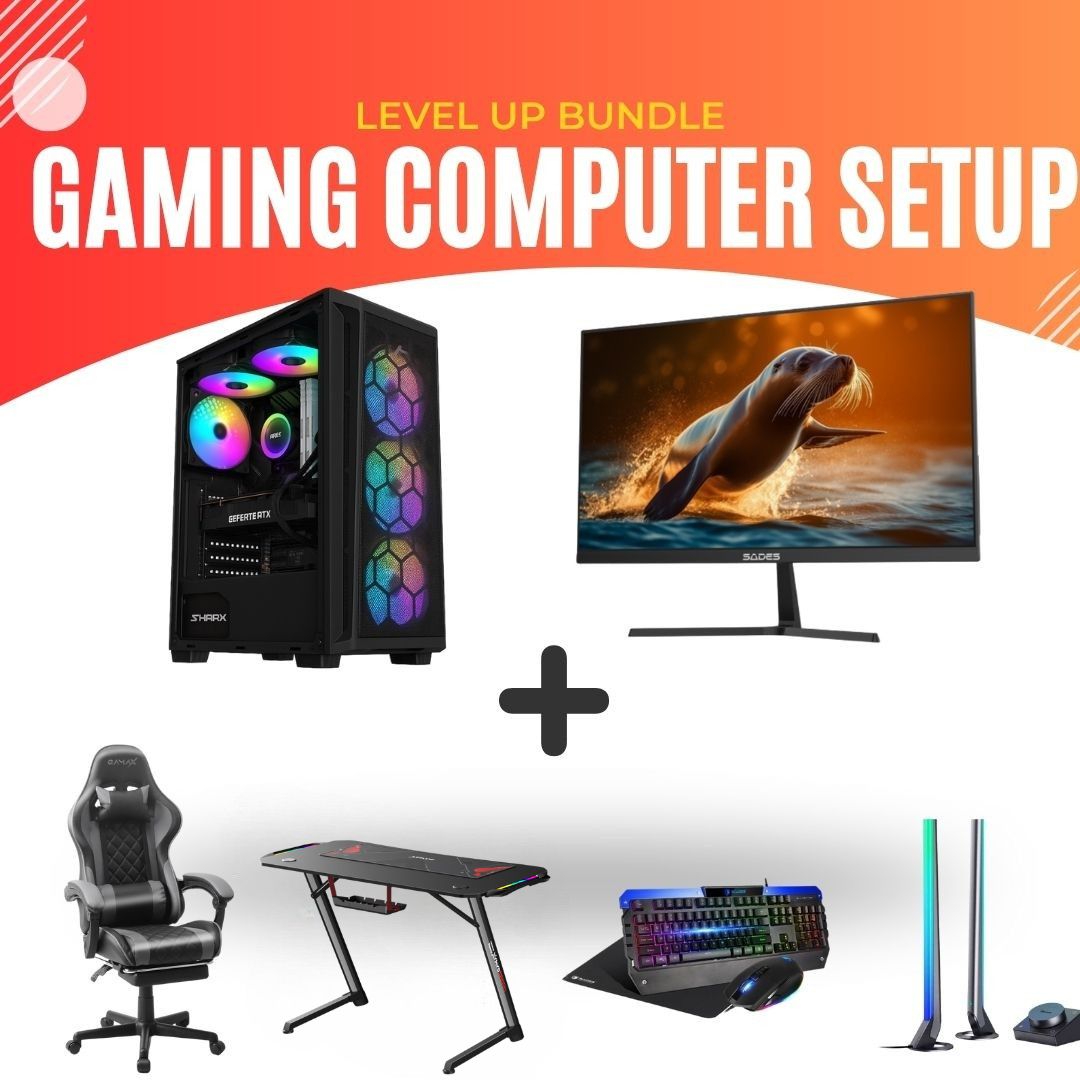 Custom Gaming PC Bundle Intel i5-14400F, RTX 5050 16GB, RAM 16GB DDR5, 1TB SSD, with Sades AU-Sealion/24" FHD Monitor, Gaming Chair, Gaming Desk & Govee RGB Lights Desk Stand