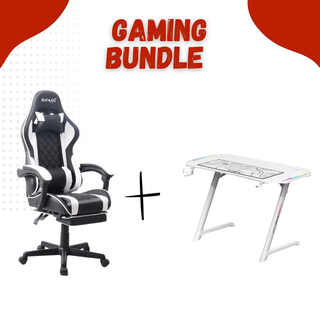 Gamax Bundles: Gaming Chair Model 1-LT001L + Gamax Z5-1160 (TD-03)_Carbon Fiber Gaming Table 110*60*75cm with RGB Light & MousePad white (installation Not Included)