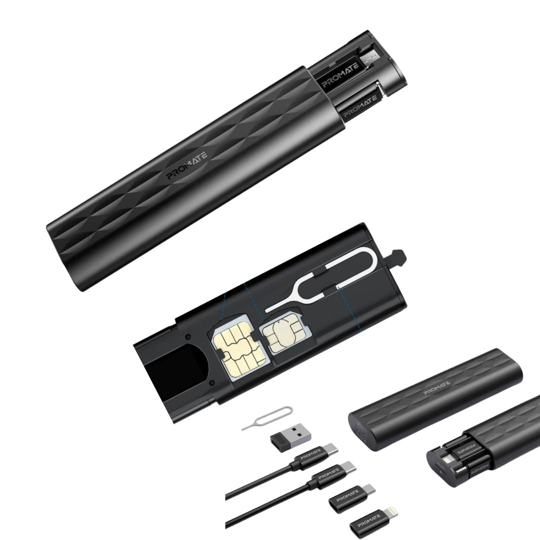 Promate Compact All in 1 Charging Cable and Travel Kit USB-C to Lightning, USB-A, Micro-USB Adaptors - Black