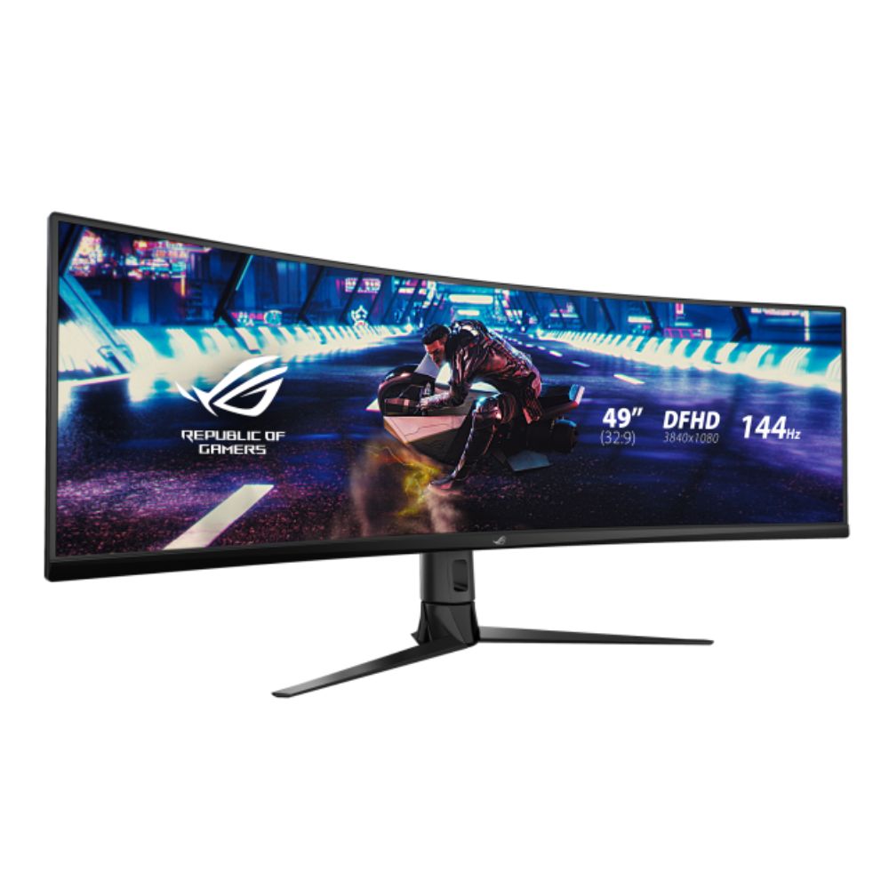شاشة الألعاب المنحنية اسوس روج ستريكس موديل XG49VQ فائقة الاتساع بحجم 49 انش, معدل تحديث 144 هيرتز, زمن الاستجابة 4 ملي ثانيه اتش دي ار 400 مع خاصية الفري سينك و بانل VA - اسود