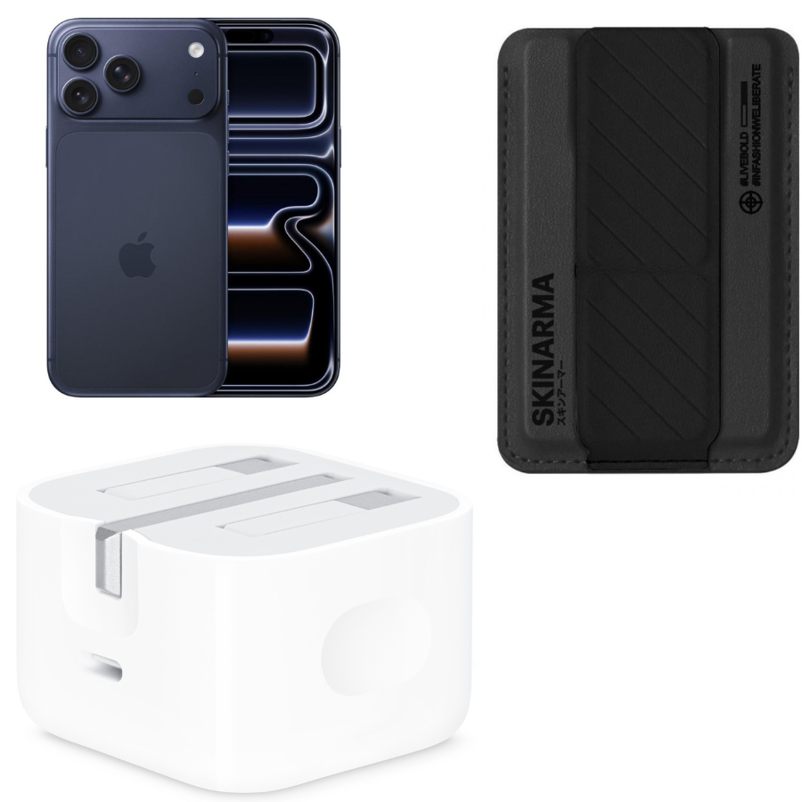 Bundle Apple iPhone 17 Pro Max(512GB)12GB RAM 6.9"-Deep Blue +APPLE 20W USB C Power ADAPTER+SKINARMA MAG-CHARGE CARD HOLDER WITH GRIP STAND ~ KADO-BLACK