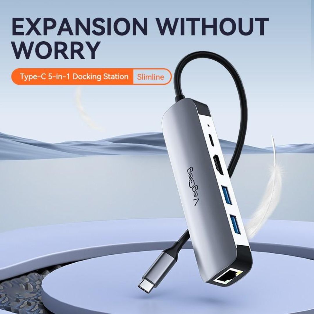 VegGieg Type-C to HDMI *1 + USB3.0*2 + PD Charging(100W) + RJ45 Gigabit  5-in-1 Docking Station Model V-TC05B
