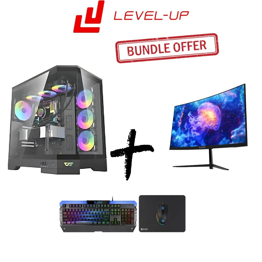 Level Up PC Bundle: Computer i5-12400F, RTX 3050, 16GB RAM, Screen Sades NC-Pelagia SC-CJ04F24B, 24" FHD 1920x1080, 200Hz, 0.5ms, HDMI 2.1, VA, Curved Gaming Monitor, Sades Combo (Keyboard, Mouse & MousePad)