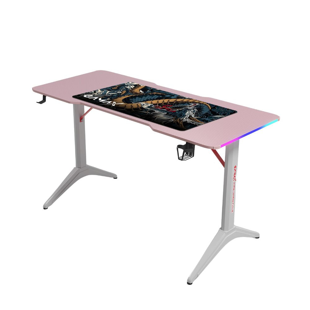 Gamax D2208P RGB Carbon fiber Gaming Table 120*60*74 cm with Mousepad - Pink & White (Installation Not Included)