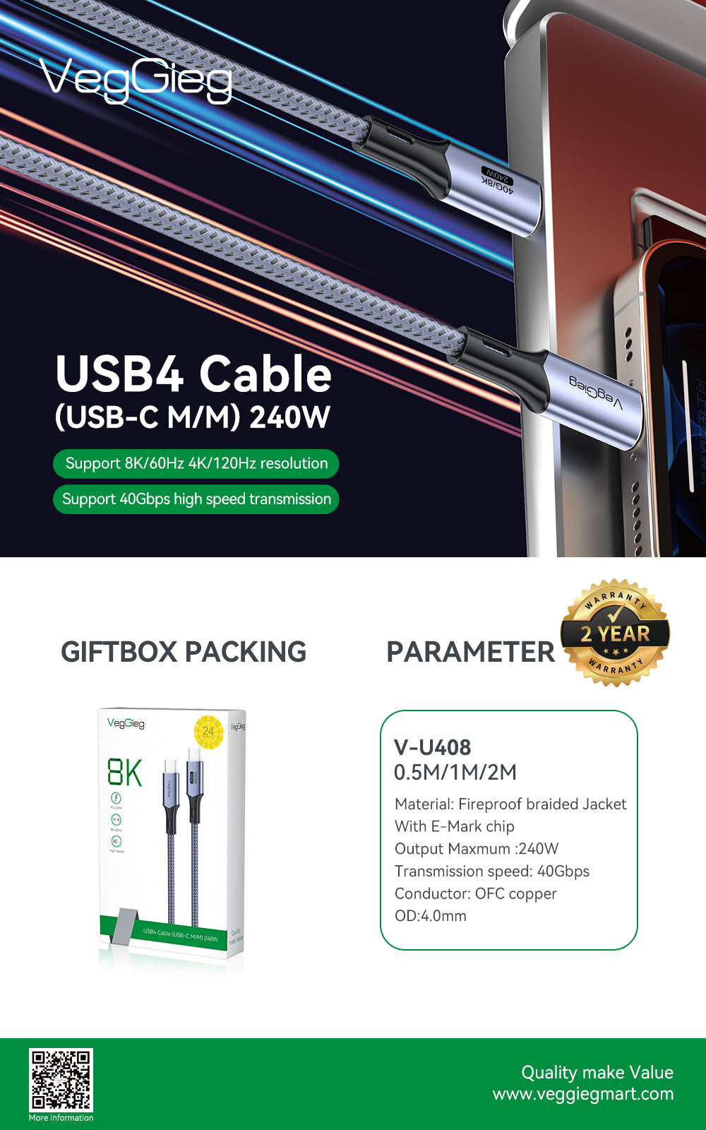 VegGieg USB4 Cable (USB C TO C 240W) Thunderbolt 4 8K 60Hz