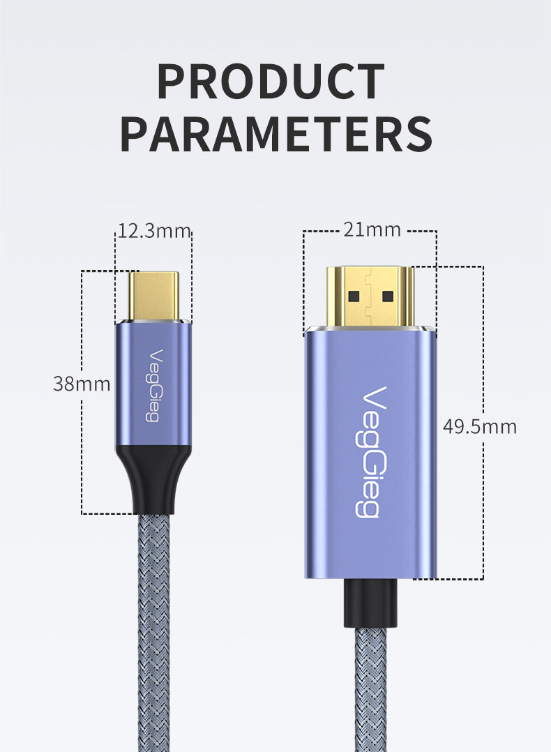 VegGieg USB-C to HDMI M/M 4k/60HZ 2 Meters Cable Model V-Z625