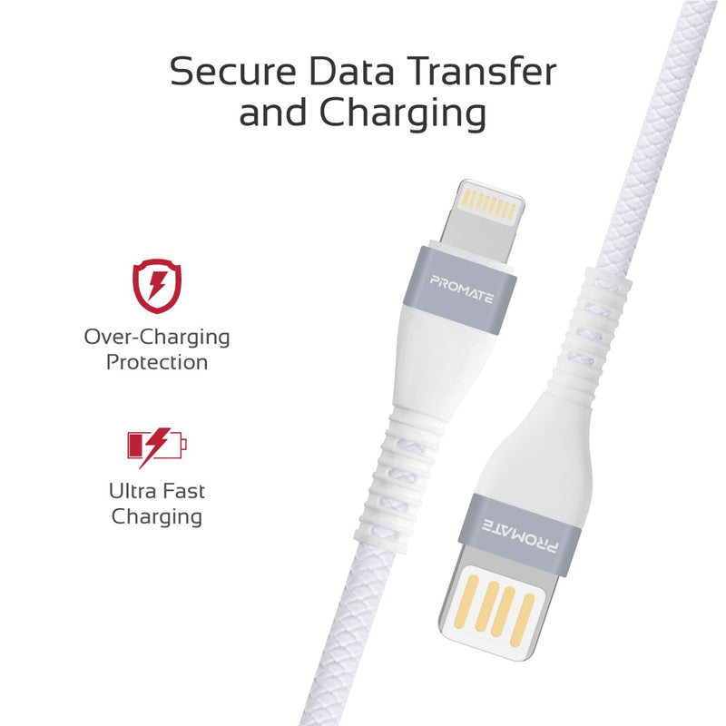 Promate Super-Flexible USB to Lightning Connector Cable 2A Standard Charging - WHITE