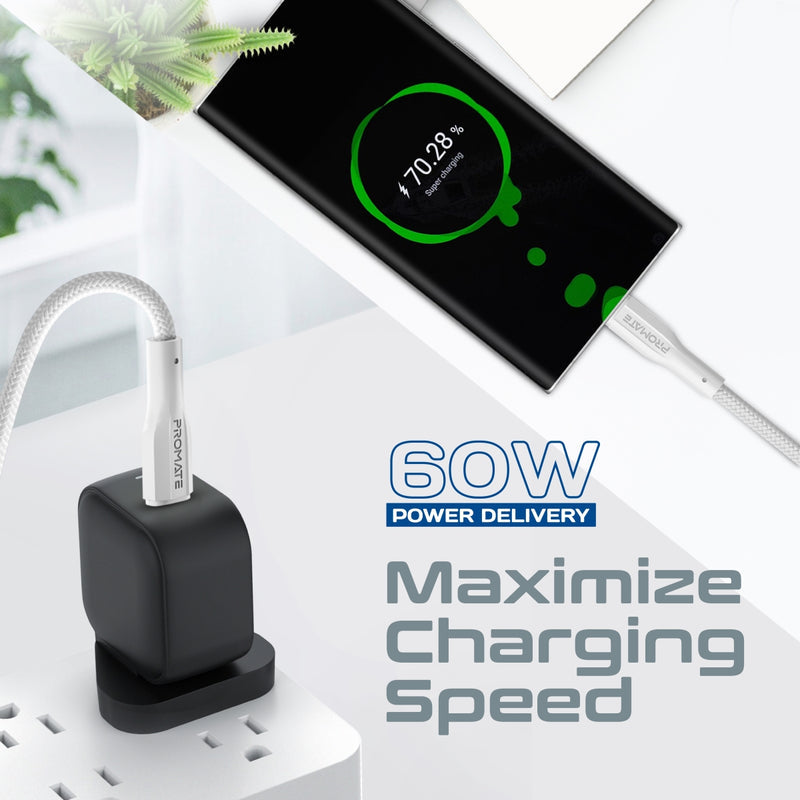 Promate xCord-CC High Tensile Strength Data & Charge USB-C Cable 1 Meter - White
