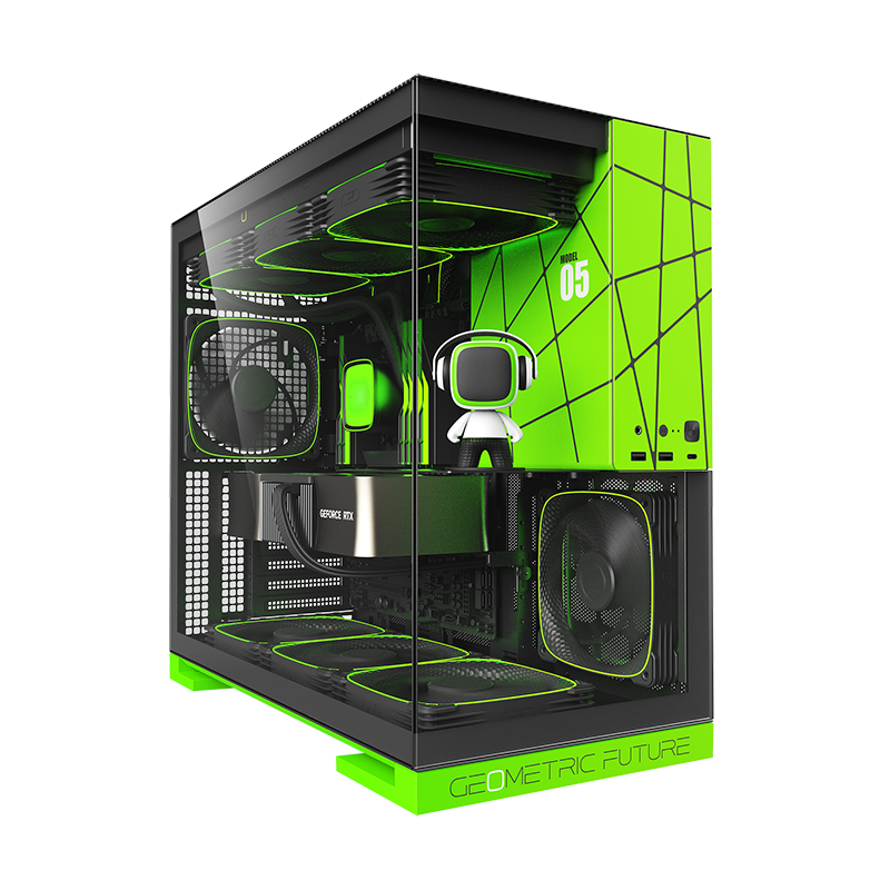 Geometric Future Model 5 Mid Tower Glass Case with 5 Fans  - Black & Green