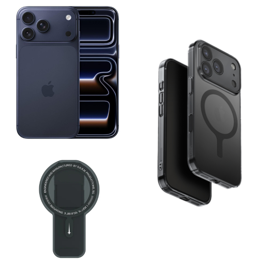 Bundle Apple iPhone 17 Pro Max(1TB)12GB RAM 6.9"-Deep Blue+SKINARMA MAGNETIC SMART GRIP-STAND ARCH XE PHAZE-BLACK+Uniq Airsuit MagSafe Case for iPhone 17 Pro Max - Glossy Smoke