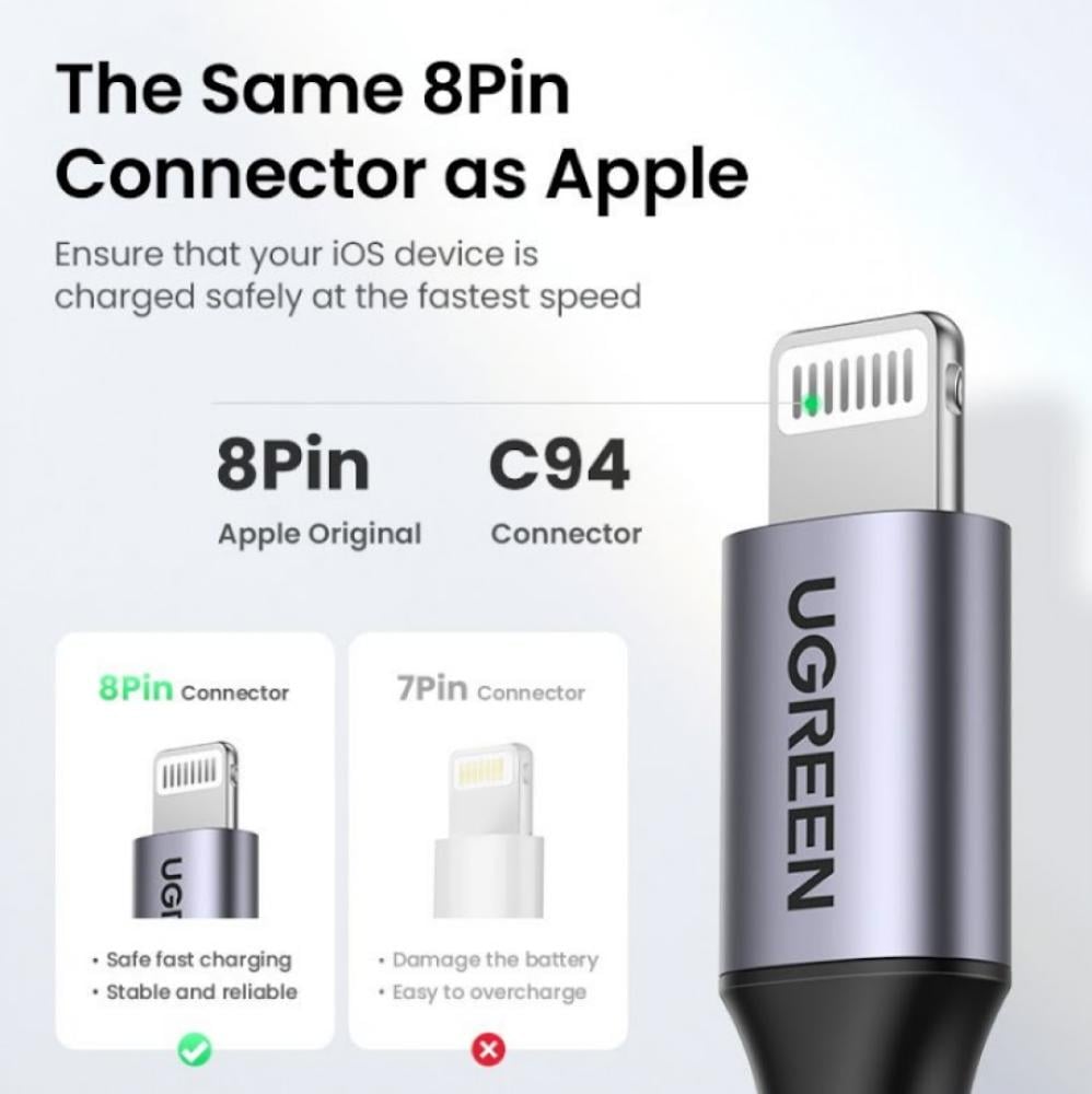 UGREEN USB-C to Lightning M/M Cable 20W Aluminum Shell Braided 1m (Black)US304