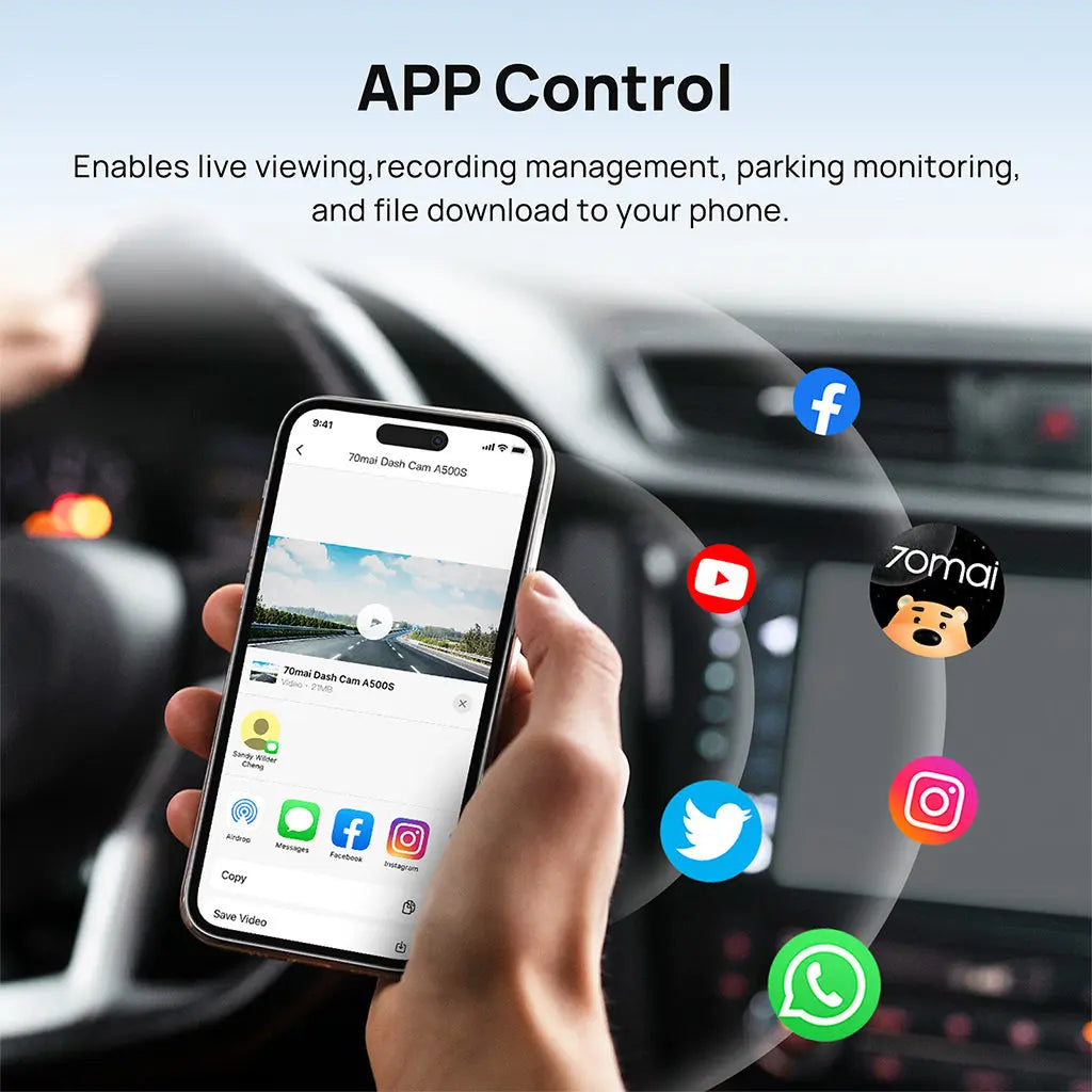 كاميرا السيارة 70mai A500S بدقّة 2.7K وشاشة 2 إنش ودعم التصوير المزدوج – أمامي + خلفي