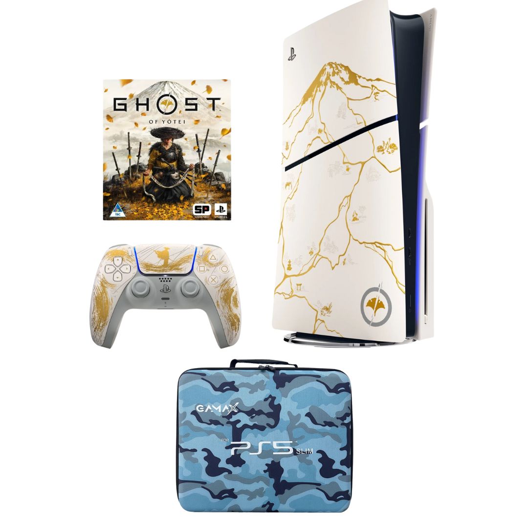 PlayStation 5 Slim Console Disk – Ghost of Yotei Limited Edition Bundle with Gamax Storage Bag (Army Blue)
