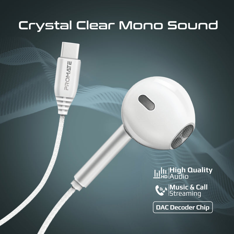 Promate Laxi-M.White High Fidelity USB-C ENC Mono Wired Earphone In-Line Microphone & Volume Controls - White
