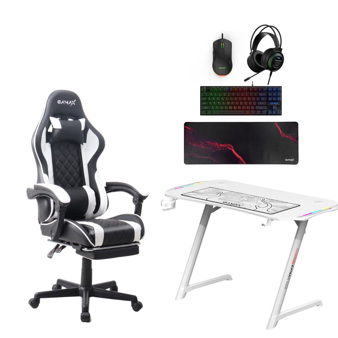 Gamax GM-645 4-in-1 Wired PC Accessory Set Black + Gaming Chair Model 1-LT001L White + Z5-1160 TD-03 Carbon Fiber Gaming Table 110×60×75cm with RGB Light and Mousepad White