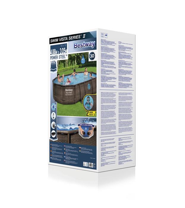 طقم مسبح بيضاوي بست واي مقاس ٤٫٨٨ متر × ٣ ٫٠٥ متر × ١٫٠٧ متر، يشمل المسبح، مضخة فلتر رملية (٢٢٠–٢٤٠ فولت)، سلم، غطاء، موزع مواد كيميائية، رقم الموديل ٥٦٩٤٦ (غير شامل التركيب)