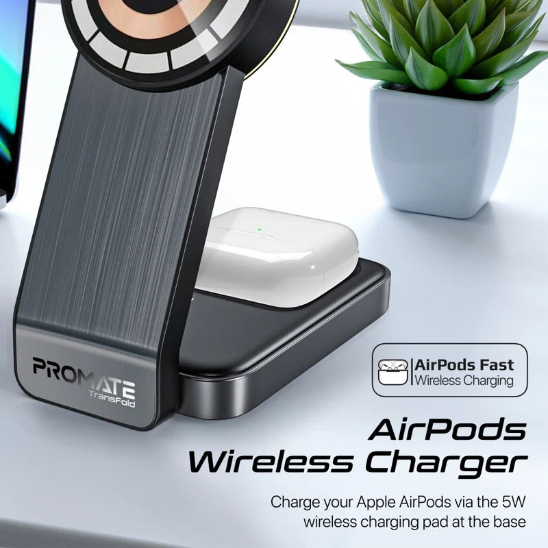 Promate 3 in 1 Transparent Foldable MagSafe Compatible Wireless Charging Station with Night Light - Black