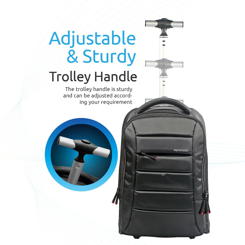 Promate Premium High Volume, Heavy Duty, Multi-purpose Trolley Bag for Laptops up to 15.6” with Multiple Storage Options