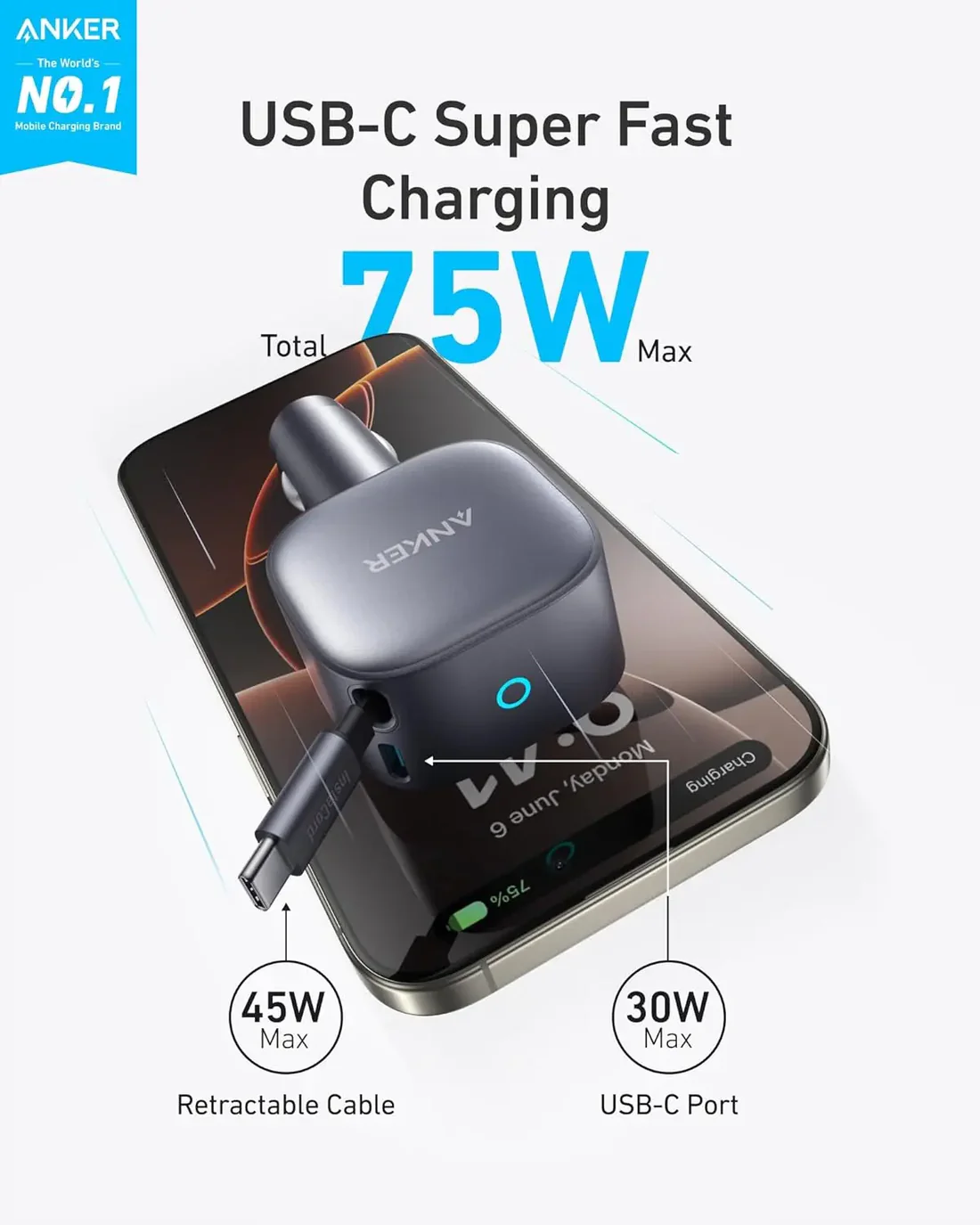 Anker Nano Car Charger (75W, USB-C Port, Built-in Retractable USB-C Cable) A2738HA2 - Silver