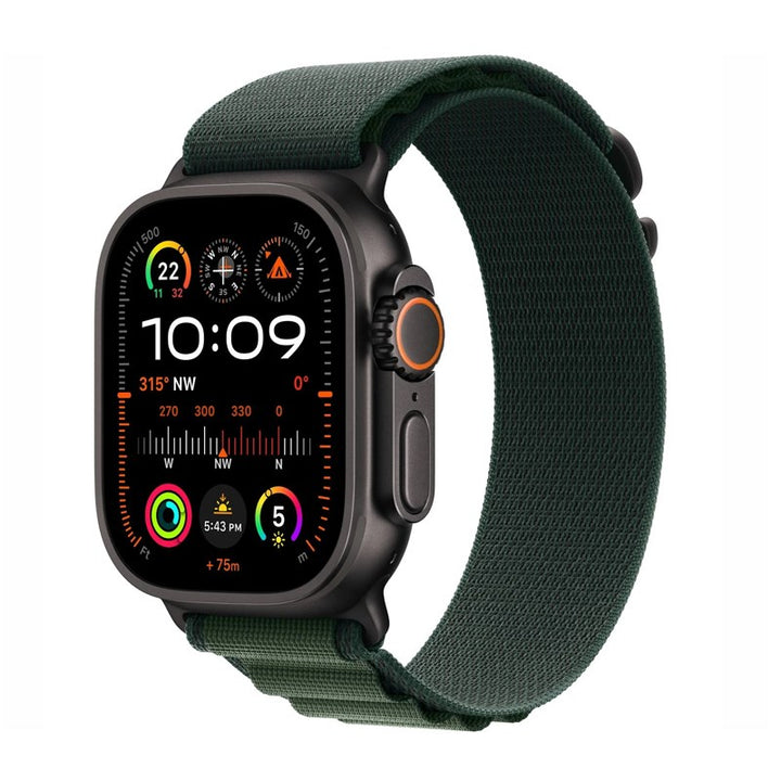 Apple Watch Ultra 2, 49mm (GPS+Cellular), Black Titanium Case, Dark Green Alpine Loop - Medium