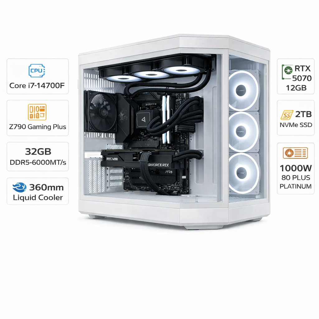 كمبيوتر الألعاب بمعالج إنتل كور آي٧-١٤٧٠٠ إف، كارت شاشة آر تي إكس ٥٠٧٠ بسعة ١٢ جيجابايت، رامات ٣٢ جيجابايت دي دي آر٥، هارد إن ڤي إم إي بسعة ٢ تيرابايت، ويندوز ١١