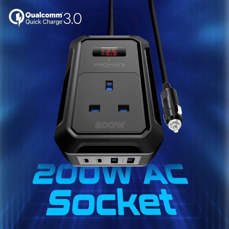 Promate Multi-Port DC to AC Power Inverter with 200W AC Socket - Black