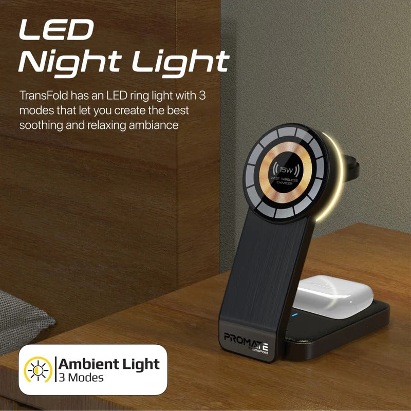 Promate 3 in 1 Transparent Foldable MagSafe Compatible Wireless Charging Station with Night Light - Black