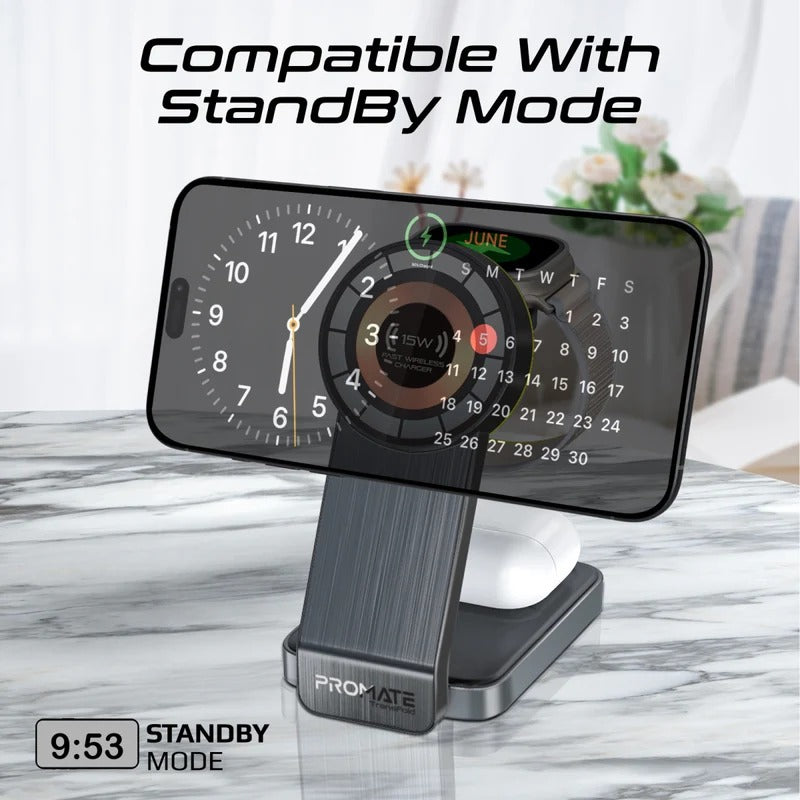 Promate 3 in 1 Transparent Foldable MagSafe Compatible Wireless Charging Station with Night Light - Black