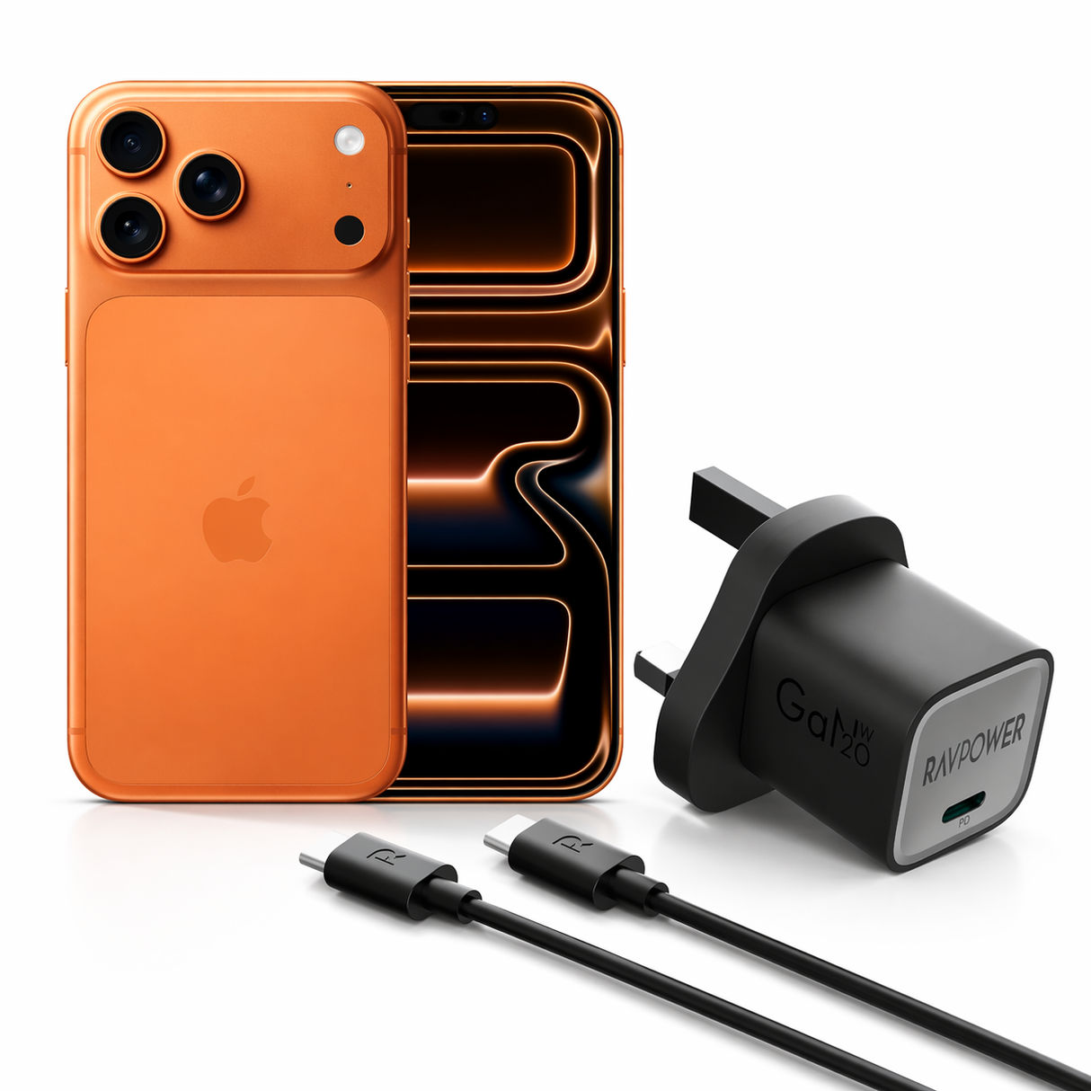 Apple iPhone 17 Pro Max 12GB RAM 6.9" - ESIM 256 Orange With RAVPower PD20W Wall Charger + USB C to USB C Cable BLACK