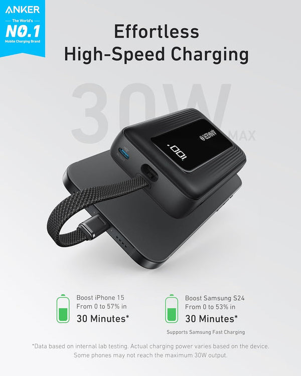Anker Zolo Power Bank (10K, 30W, Built-In USB-C Cable) - Black