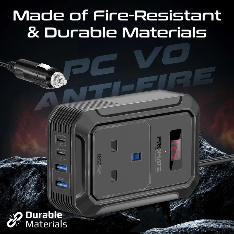 Promate Multi-Port DC to AC Power Inverter with 200W AC Socket - Black