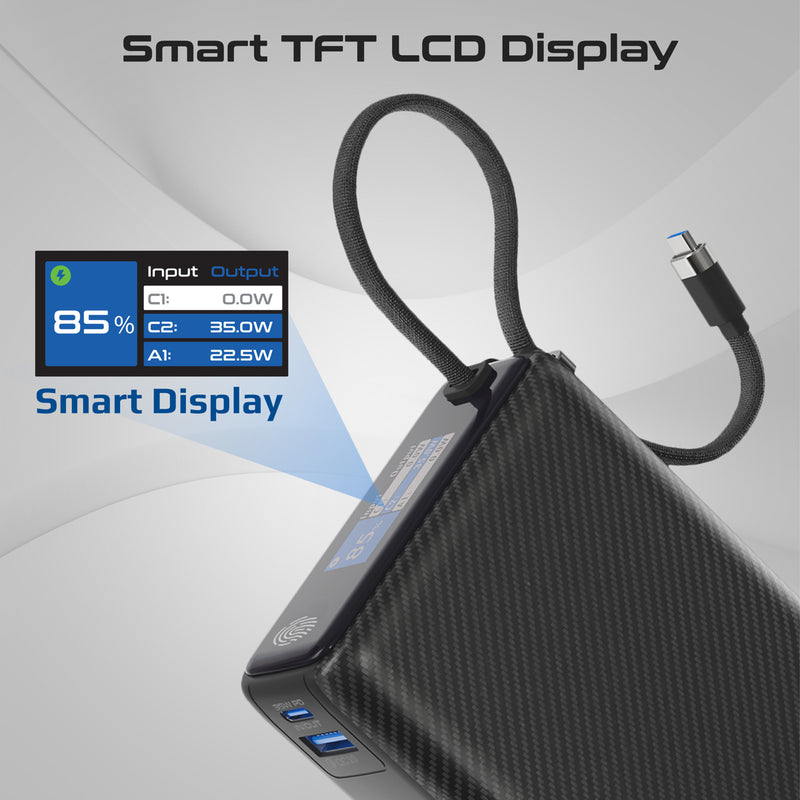 Promate Titan-35W 20000mAh Ultra Compact 35W SuperSpeed Power Bank with Built-In USB-C Cable - Black