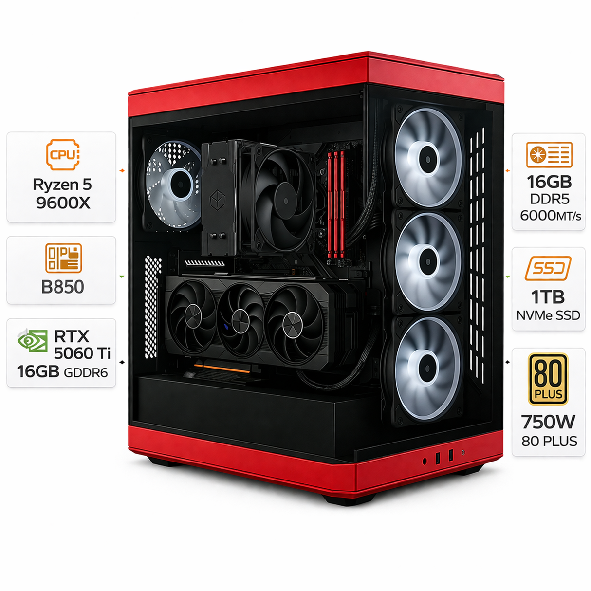 Custom Gaming PC AMD Ryzen 5 9600X, RTX 5060 Ti 16GB, RAM 16GB DDR5, 1TB NVMe SSD, Windows 11