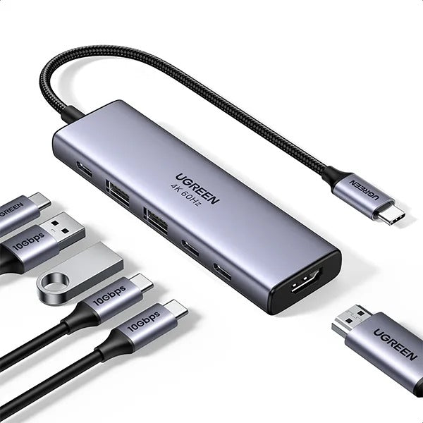 محول UGREEN USB-C متعدد المنافذ 6 في 1 مع HDMI بدقة 4K وشحن PD بقوة 100 واط (CM511 – 35999)
