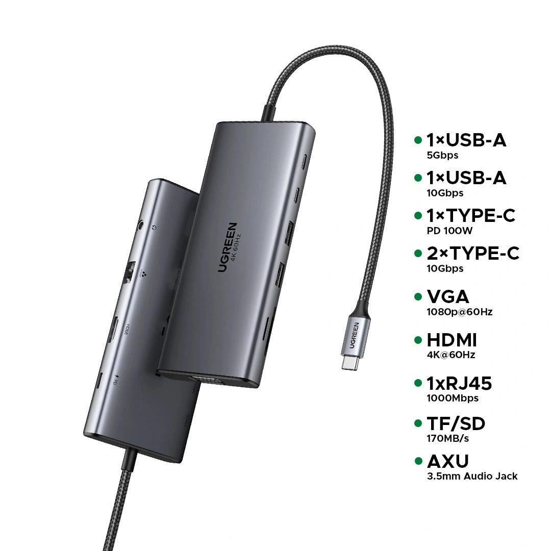 محطة إرساء UGREEN 11 في 1 بمنفذ USB-C مع HDMI 4K@60Hz، شحن 100 واط PD، إيثرنت جيجابت (CM639 – 45520)