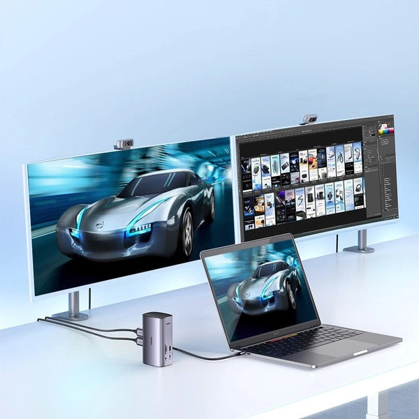 محطة إرساء ماك بوك USB C مع 2 HDMI DP 8K، وناقل بيانات USB C و USB-A بسرعة 10 جيجابت في الثانية، وشحن PD بقوة 100 واط، وإيثرنت، وصوت، وقارئ بطاقة SD TF لأنظمة تشغيل Mac OS و Windows (CM555 90325)