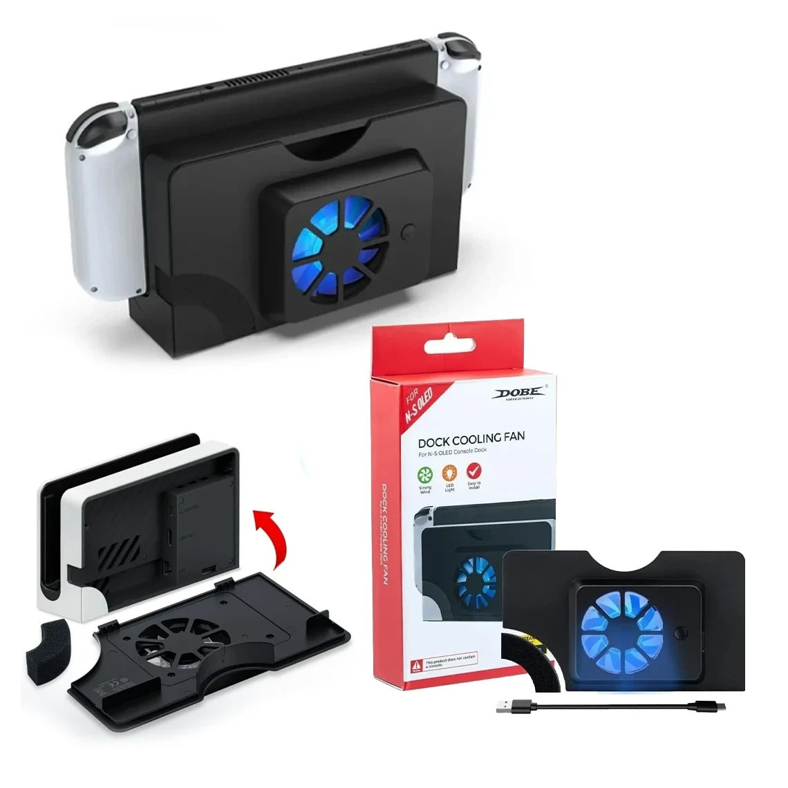 Dobe Nintendo Switch Bundle: Switch Device + Controller Grip + Caps + Case + Joy-Con Charger + Cooling Fan
