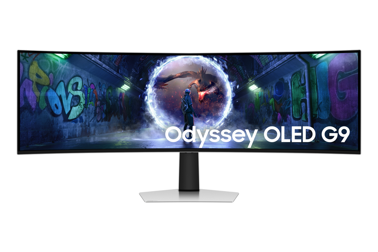شاشة سامسونج أوديسي G9 G932 للألعاب، مقاس 49 بوصة، بتقنية OLED ودقة QHD مزدوجة (5120 × 1440)، ومعدل تحديث 240 هرتز، وزمن استجابة 0.03 مللي ثانية، وإمكانية تعديل الارتفاع مع الإمالة - فضي LS49DG932SMXUE