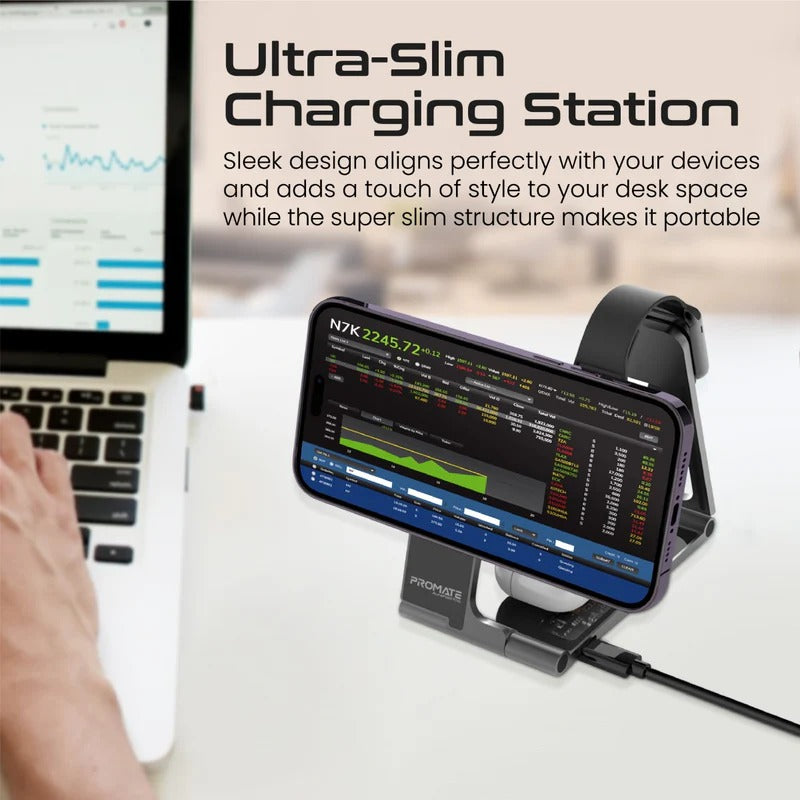 Promate 3 in 1 Ultra-Slim Transparent Foldable 15W MagSafe Compatible Wireless Charging Station - Black