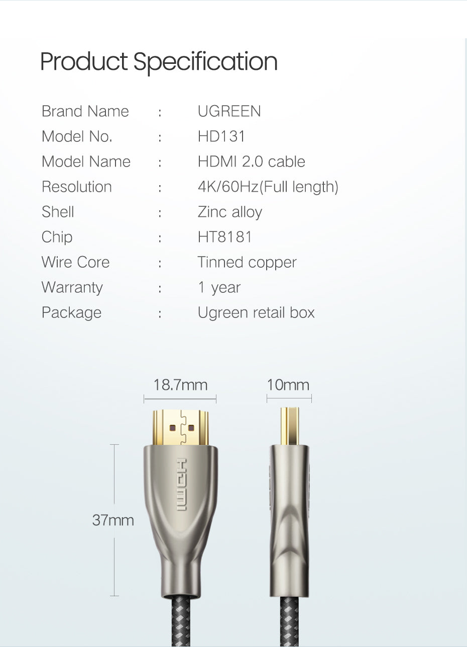 UGREEN HDMI Carbon Fiber Zinc Alloy Cable 3m (Gray) 50109-HD131