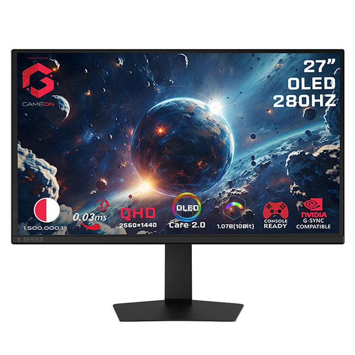 جيم اون شاشة العاب موديل GO27QDOLD280 سلسلة Signature X شاشة 27 بوصة OLED QHD، معدل تحديث 280 هرتز، استجابة 0.03 مللي ثانية، HDMI 2.1، شاشة ألعاب (دعم PS5) - أسود
