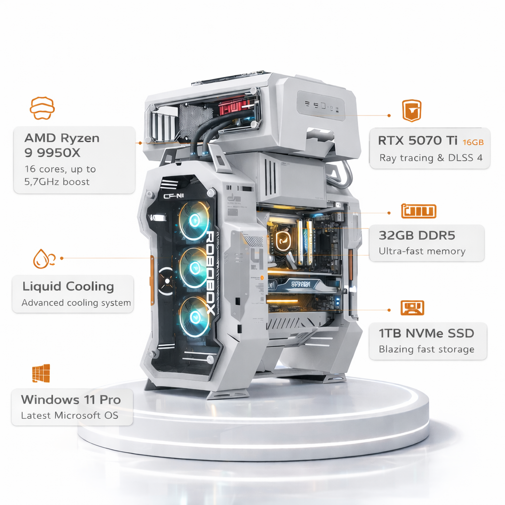 Custom Gaming PC Ryzen 9 9950X3D , RTX 5070 Ti 16GB, 32GB DDR5, 1TB NVMe, Windows 11 Pro