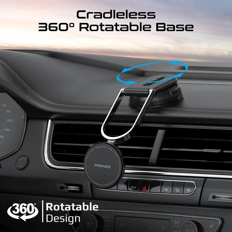Promate Versatile Ultra-Thin Cradleless 15W MagSafe Compatible Wireless Car Charger Detachable base - Black