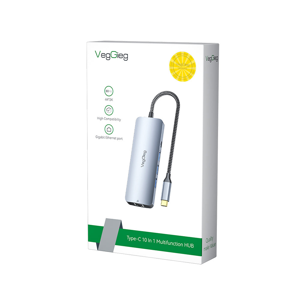 VegGieg Type-C to HDMI *1 + USB3.0*3 + PD Charging(100W) + Typec +RJ45 Gigabit +TF/SD +3.5MM  10-in-1 Docking Station Model V-TC10B