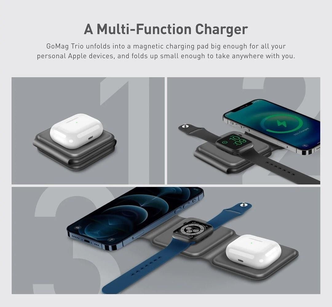Energea BAZIC GOMAG TRIO PLUS, 3IN1 ELEVATED FOLDABLE MAGNETIC WIRELESS CHARGER 15W IPHONE/WATCH/AIRPODS - GREY
